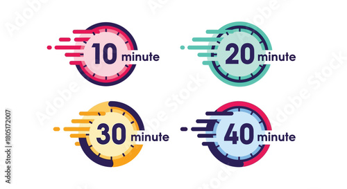 Colorful clock icons representing ten twenty thirty and forty minute timers