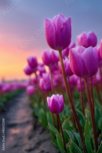 Vibrant Pink Tulips Blooming in a Field During Sunset