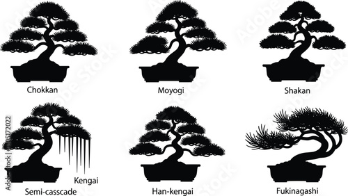 Bonsai Tree Styles Silhouette Vector Set, Traditional Japanese Miniature Plant Graphics, Black Artistic Nature Elements, Gardening, Zen, and Oriental Culture Design Collection.
