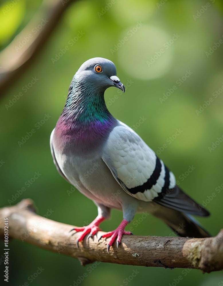 Fototapeta premium Pigeon sits on branch against smooth green background. Bird has colorful neck feathers. Grey dove relaxes in nature, perched. Wild pigeon on a sunny day outdoors is ready to fly.