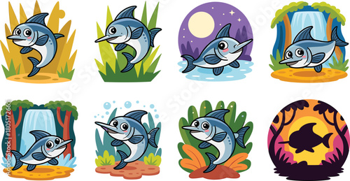 Cartoon Swordfish Characters in Various Natural Environments and Scenes Keywords: swordfish, fish, cartoon, character, illustration, marine life, ocean, sea, water, nature, environment, background