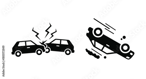 Black and white illustration depicting a car crash and vehicle rollover