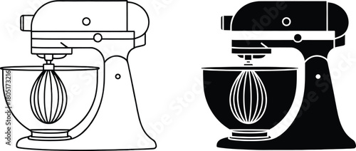 "Stand Mixer Line Art & Silhouette Illustration | Kitchen Appliance Icon | Baking Equipment Graphic"