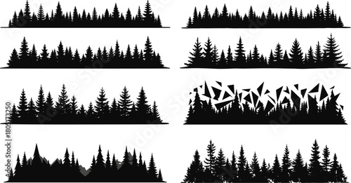 Horizontal Coniferous Forest Treeline Silhouettes Vector Set, Wilderness Nature Landscape Graphics, Abstract and Mountainous Evergreen Banners, Outdoor Design Elements Collection for Headers.