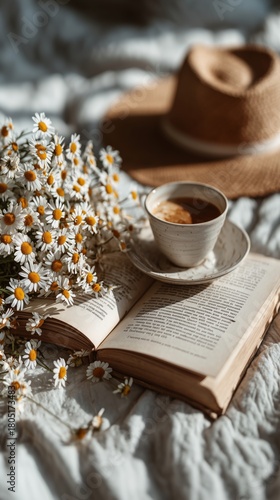 Cozy Morning With a Book, Coffee, and Flowers on a Soft Blanket