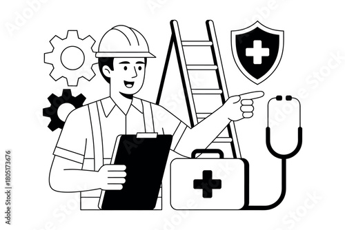 A worker in a hard hat holds a clipboard, pointing towards health and safety symbols.