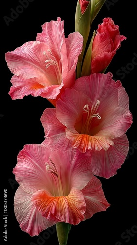 Beautiful Pink Gladiolus Flowers Blooming in a Dark Background