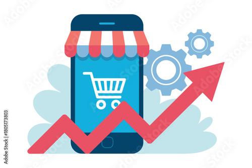 Mobile phone screen displays shopping cart icon next to upward trending graph and gears.