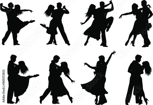 Romantic dancing couple silhouettes performing elegant expressive ballroom poses, artistic shadow figures showcasing movement, passion, creativity, rhythm, and graceful choreography
