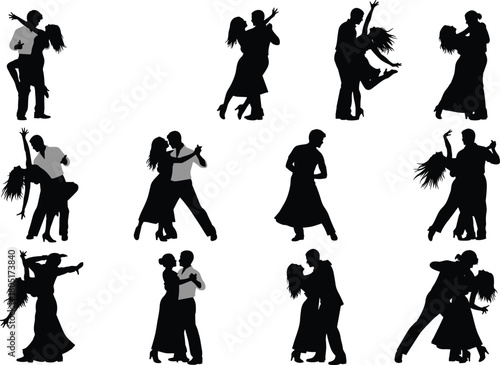 Romantic dancing couple silhouettes performing expressive ballroom and Latin dance poses, elegant shadow figures showcasing movement, passion, creativity, rhythm, and choreography
