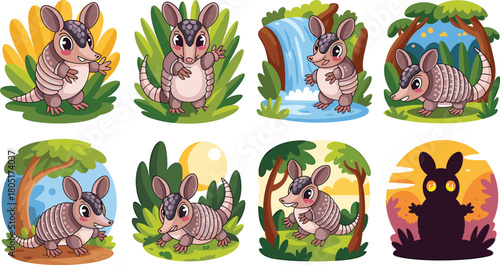 Charming Cartoon Armadillo Characters in Multiple Natural Environments Keywords: armadillo, cute, cartoon, animal, wildlife, nature, forest, jungle, leaves, plants, waterfall, water, night, moon
