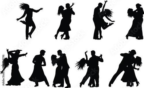 Silhouettes of dancing couples, ballroom poses, Latin dance moves, elegant choreography, expressive silhouettes, artistic performance, dynamic movement, dance, stylish posture dance art, 