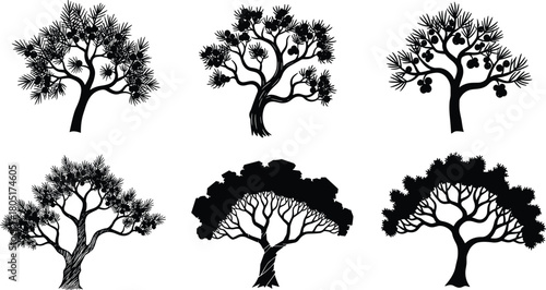 Stylized Black Tree Silhouettes Vector Pack, Conifers, Pine, Cedar, and Broadleaf Minimalist Nature Graphics for Forest, Park, and Botanical Design Elements Collection.