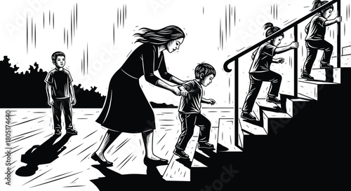 Children guided to safety during storm, adult helping kids climb stairs for protection, emergency shelter scene in heavy rain, - flat vector illustration