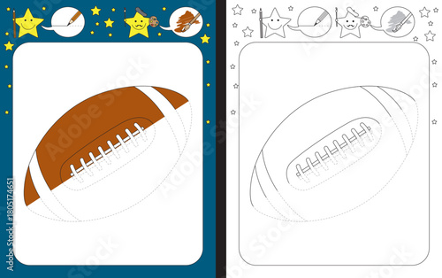 Preschool worksheet for practicing fine motor skills - tracing dashed lines - finish the illustration of a rugby ball