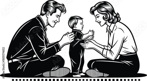 Family bonding moment, baby learning to walk, parents encouraging child, emotional connection, black and white, flat vector illustration