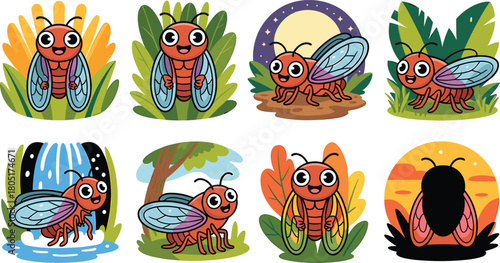 Charming Cartoon Cicadas in Various Natural Scenes and Times of Day Keywords: cicada, cute, cartoon, character, illustration, drawing, nature, garden, leaves, grass, sun, daytime, night, moon
