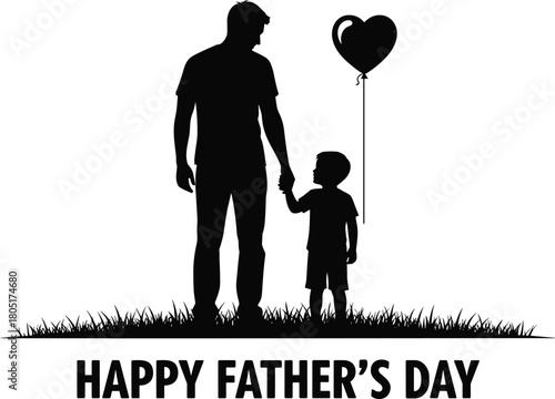 Father and child, heart balloon, Father's Day, silhouette art, emotional bond, parenting love, family moment, grass scene, flat vector illustration