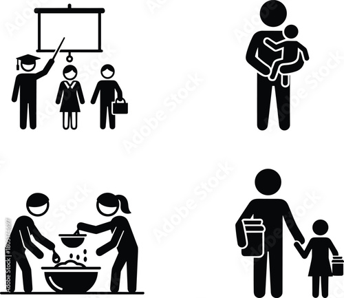 Flat vector illustration of family support, parenting roles, child education, community cooking, teamwork, caregiving icons, modern lifestyle concepts, minimal design