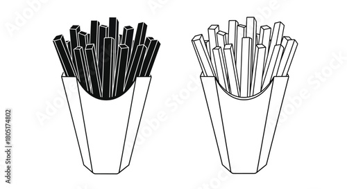 Black and white illustration depicting two portions of french fries in containers