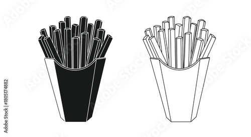 Black and white illustration of two paper containers filled with french fries