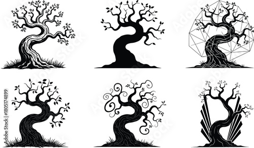 Stylized Gnarled Ancient Tree Silhouettes Vector Pack, Twisted Trunk Graphics, Abstract Nature Elements, Symbolic Art, Geometric, Magic, and Fantasy Design Collection.