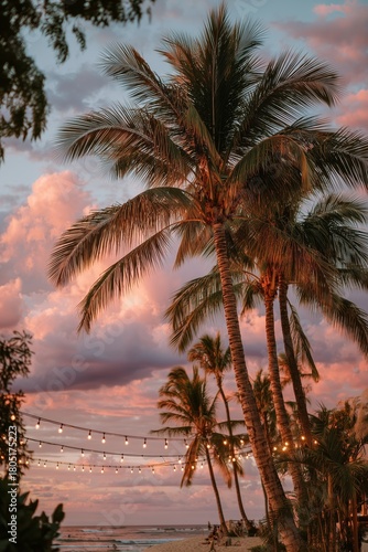Vibrant Sunset Over a Tropical Beach With Palm Trees and String Lights Illumi...