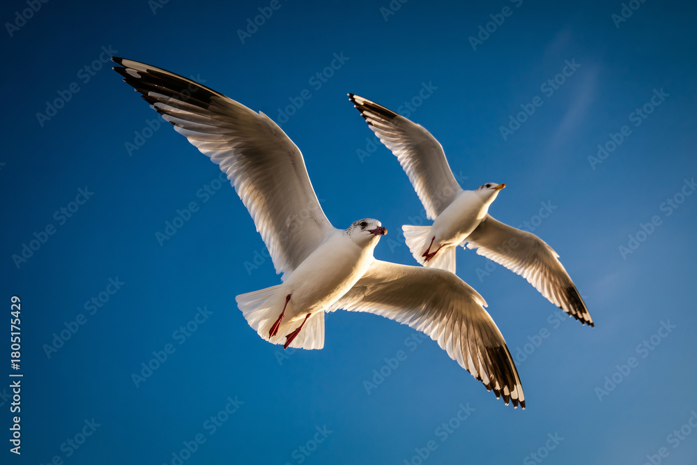 Obraz premium Stunning seagulls soaring freely in the clear blue sky, symbolizing freedom and the beauty of nature, perfect for travel and environmental themes