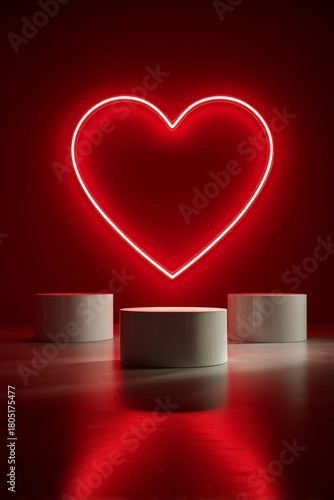 Neon Heart Light Glowing Above Three White Columns in Dark Setting