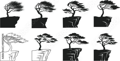 Windswept Tree on Cliff Edge Vector Silhouette Collection, Stylized Black and White Elements, Resilient Nature Symbolism, Isolated Bonsai Style Graphics for Coastal and Dramatic Design.