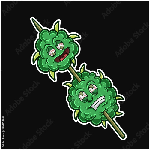 Cartoon Mascot Character of Two marijuana buds in one shot by looking at each other and getting angry