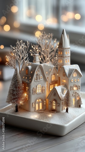 Charming Winter Village Scene With Cozy Illuminated Houses and Festive Decora...