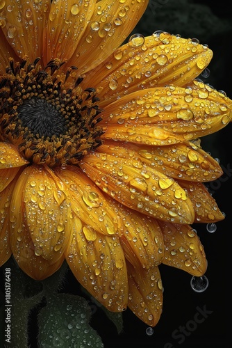 Bright Sunflower Covered in Rain Droplets Against a Dark Background in a Clos...