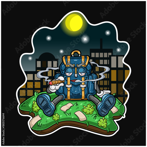 Vector Illustration of a cartoon backpack mascot smoking a cigarette while sitting on grass with a city night background.