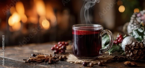 Warm cup of mulled wine beside a cozy fireplace on a winter evening