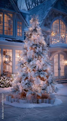 Beautifully Decorated Christmas Tree in Front of a Charming Winter Home