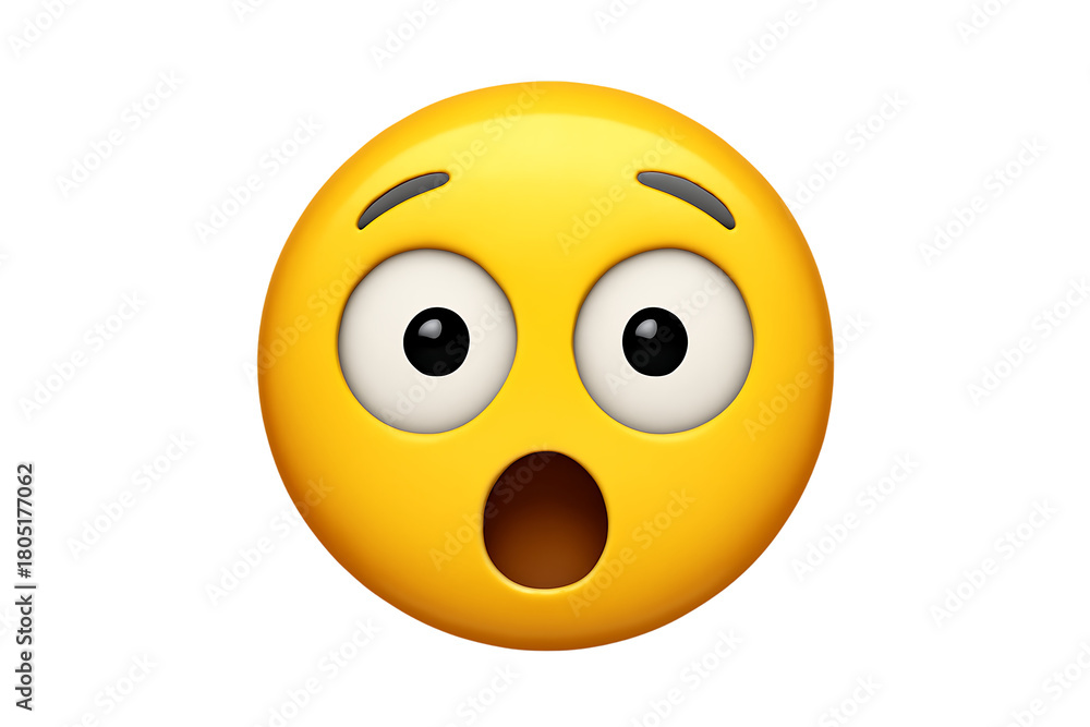 Fototapeta premium Yellow emoji face with wide eyes and open mouth expressing surprise or shock, cutout, PNG isolated on white or transparent background