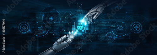 Foto Hold on, robot hands support CSR and futuristic interface, enhancing community initiatives