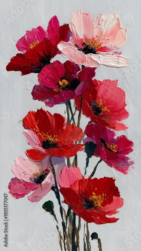 Colorful Bouquet of Flowers in Shades of Pink and Red Against a Light Background