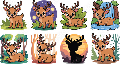 Collection of eight cartoon deer with antlers in diverse natural scenes and poses Keywords: deer, fawn, animal, wildlife, mammal, cartoon, illustration, cute, character, standing, lying down