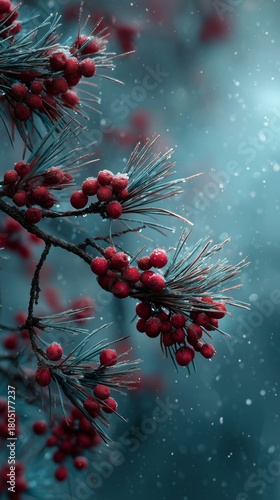 Bright Red Berries on Pine Branches Shimmer in Winter Light