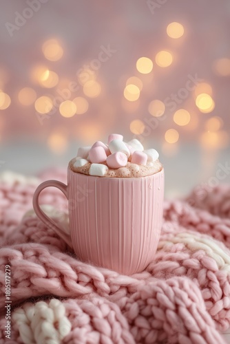 Cozy Pink Mug With Hot Chocolate and Marshmallows on Soft Blanket in Warm Amb...