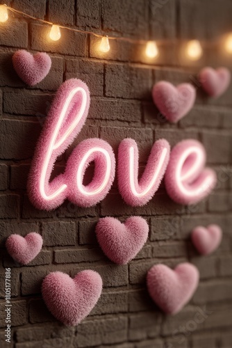 Neon Heart Sign With Love Message Glowing on Brick Wall in an Urban Setting a...
