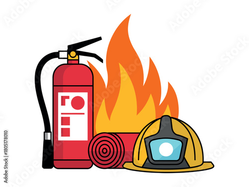 Firefighter safety equipment, including a helmet, extinguisher, and hose, is shown with flames in the background.