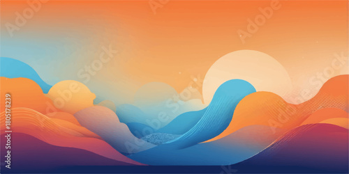 Mountain landscape vector illustration showing beautiful orange sunrise and sunset sky over the silhouette of trees and clouds