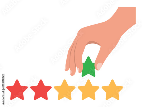 A hand places a green star to complete a five-star rating system for customer feedback.