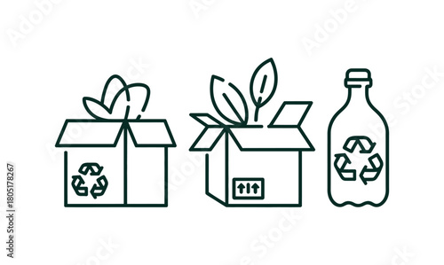 Recyclable packaging and bottle with recycling symbols.