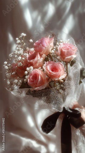 Elegant Bouquet of Pink Roses Held in a Gloved Hand With Delicate Baby Breath...