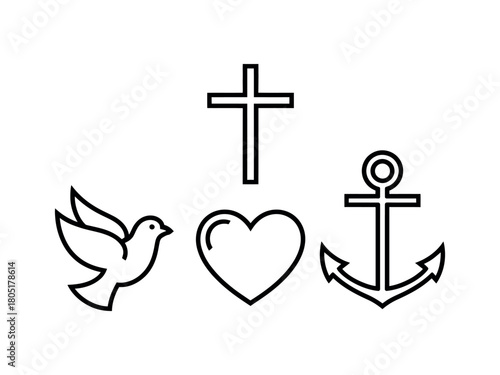 Three powerful symbols of faith: a dove, a heart, and an anchor.