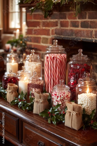 Festive Holiday Display With Candy Jars and Candles on a Rustic Wooden Table